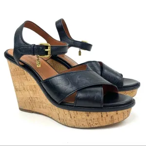 Coach Sandals Crossband wedge black leather strappy heels