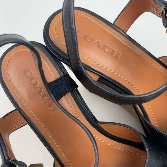Coach Sandals Crossband wedge black leather strappy heels