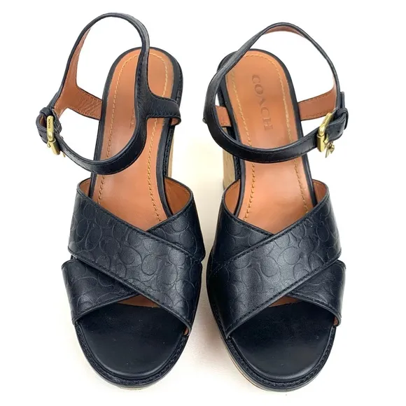 Coach Sandals Crossband wedge black leather strappy heels