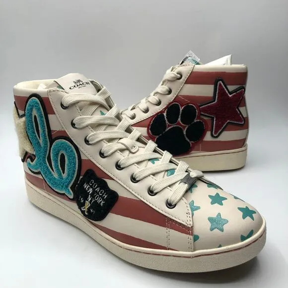 Coach Womens Lace Up Low Top Star Print Canvas Sneakers White Size 9.5
