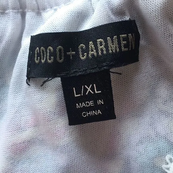 Coco   Carmen V neck adjustable strap lace trim print border mini dress L XL