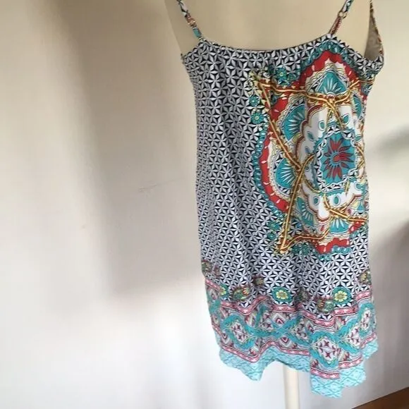 Coco   Carmen V neck adjustable strap lace trim print border mini dress L XL