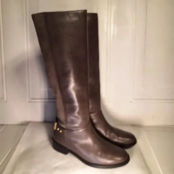Cole Haan Adler Grey Riding Boot Leather/Suede With Gold Accent Buckle 6 1/2