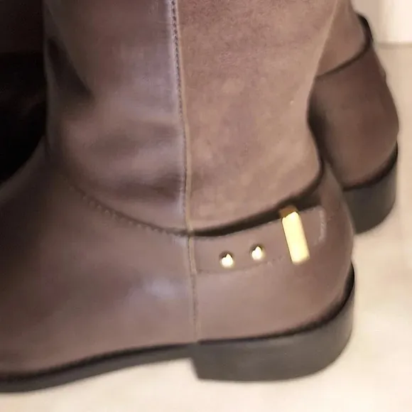 Cole Haan Adler Grey Riding Boot Leather/Suede With Gold Accent Buckle 6 1/2