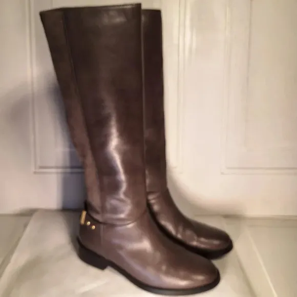Cole Haan Adler Grey Riding Boot Leather/Suede With Gold Accent Buckle 6 1/2