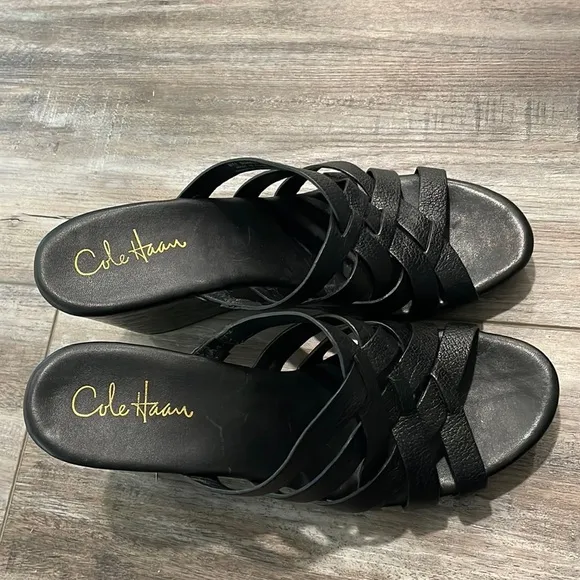 Cole Haan Black Leather Wedge Sandals