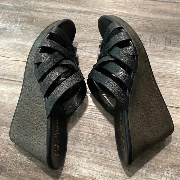 Cole Haan Black Leather Wedge Sandals