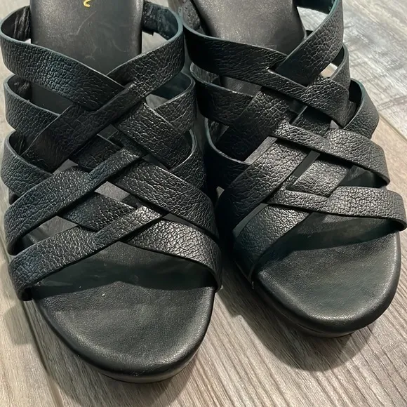 Cole Haan Black Leather Wedge Sandals