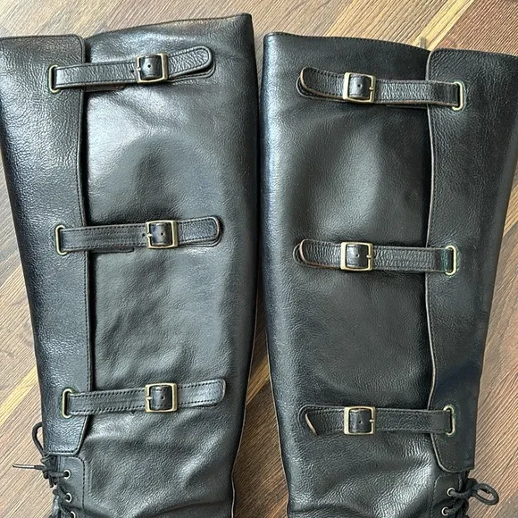 Cole Haan Black Leather Zip, Buckle &amp; Lace 17” Tall Knee-High Riding Boots Sz 9