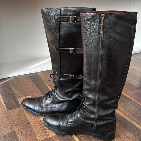 Cole Haan Black Leather Zip, Buckle &amp; Lace 17” Tall Knee-High Riding Boots Sz 9