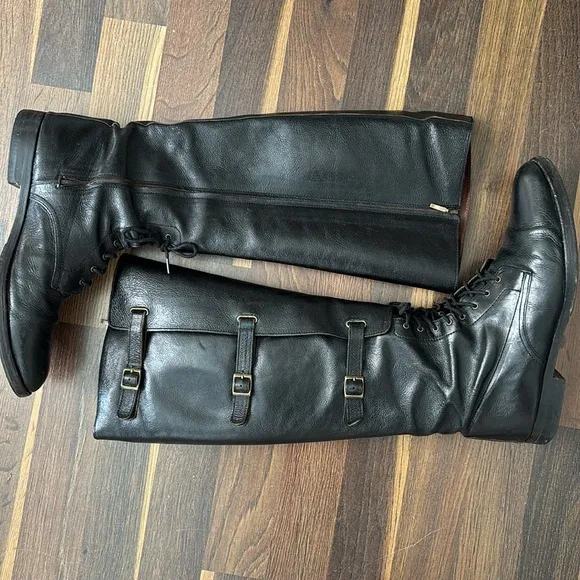 Cole Haan Black Leather Zip, Buckle &amp; Lace 17” Tall Knee-High Riding Boots Sz 9