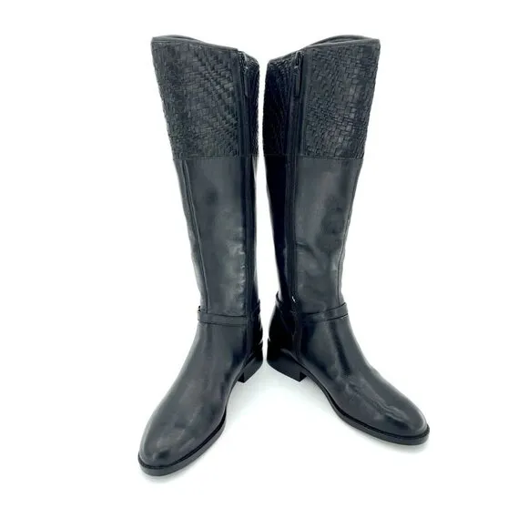 Cole Haan Genevieve Woven Black Leather Cuff Riding Boots SZ 6 New $450
