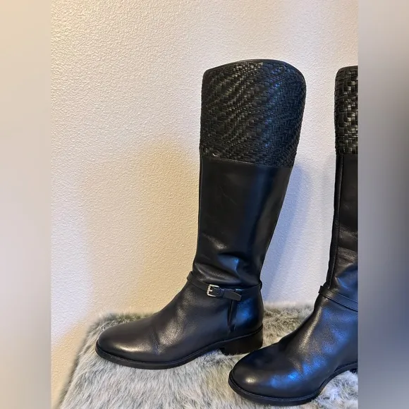 Cole Haan Genevieve Woven Black Leather Cuff Riding Boots SZ 8B