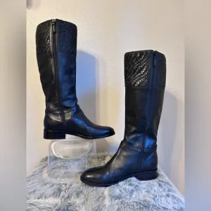 Cole Haan Genevieve Woven Black Leather Cuff Riding Boots SZ 8B