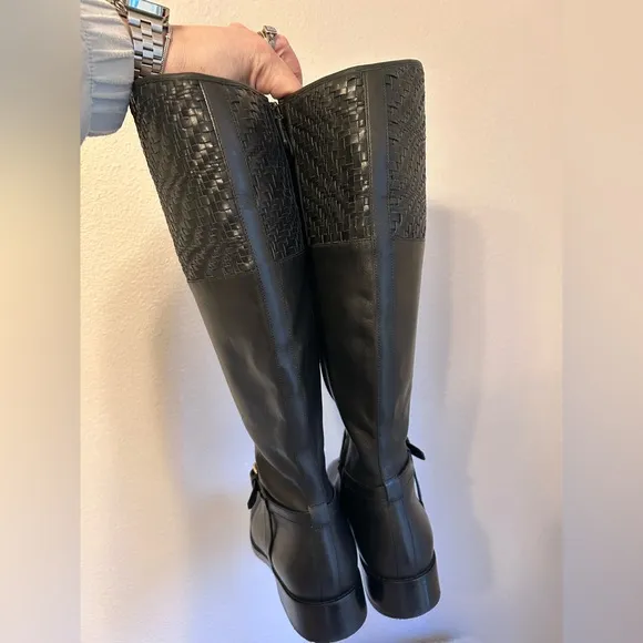 Cole Haan Genevieve Woven Black Leather Cuff Riding Boots SZ 8B