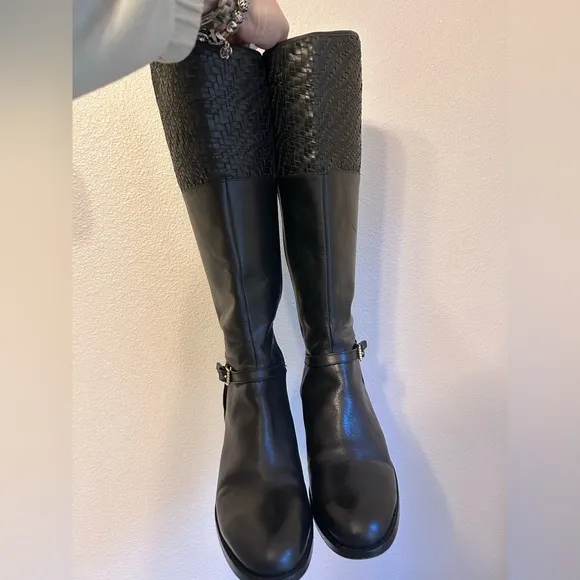 Cole Haan Genevieve Woven Black Leather Cuff Riding Boots SZ 8B