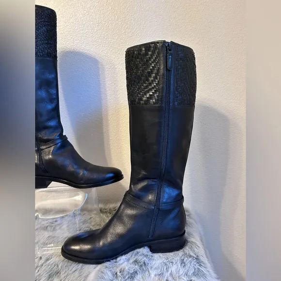 Cole Haan Genevieve Woven Black Leather Cuff Riding Boots SZ 8B