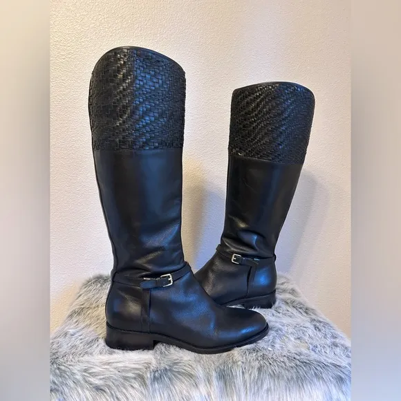 Cole Haan Genevieve Woven Black Leather Cuff Riding Boots SZ 8B