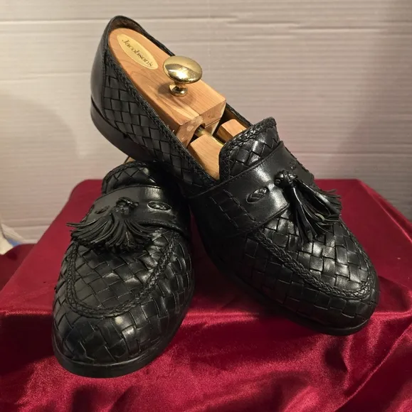 COLE HAAN MEN'S WOVEN BLACK TASSELS LOAFERS CALFSKIN SIZE 10M