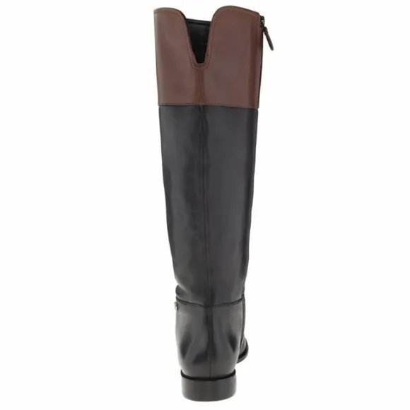 Cole Haan Primrose Riding Boots Two Tone Leather Black Brown Side Zip Preppy 6.5