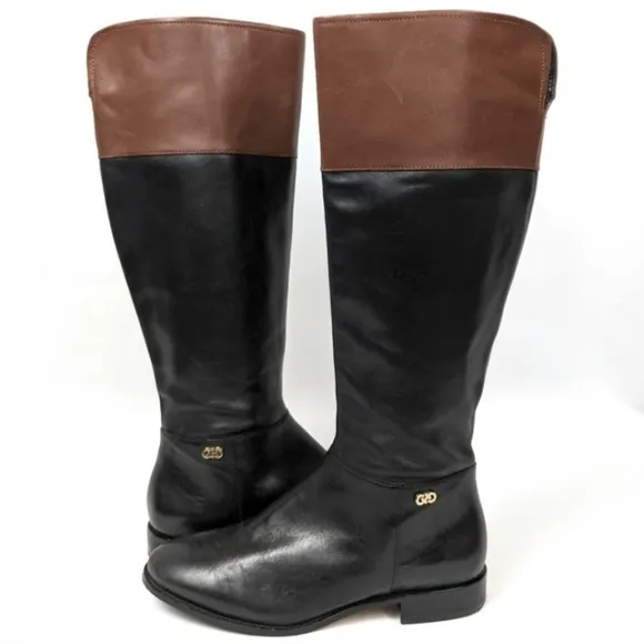 Cole Haan Primrose Riding Boots Two Tone Leather Black Brown Side Zip Preppy 6.5