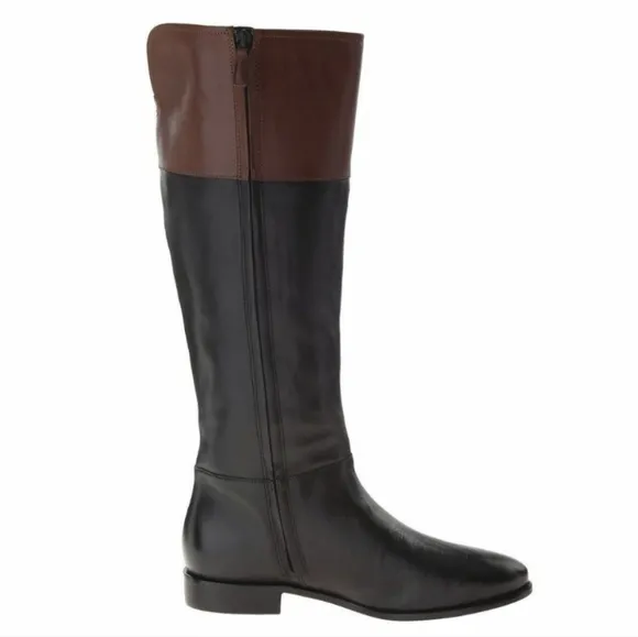 Cole Haan Primrose Riding Boots Two Tone Leather Black Brown Side Zip Preppy 6.5