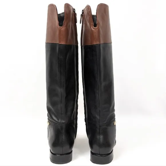 Cole Haan Primrose Riding Boots Two Tone Leather Black Brown Side Zip Preppy 6.5
