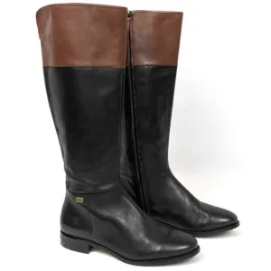 Cole Haan Primrose Riding Boots Two Tone Leather Black Brown Side Zip Preppy 6.5
