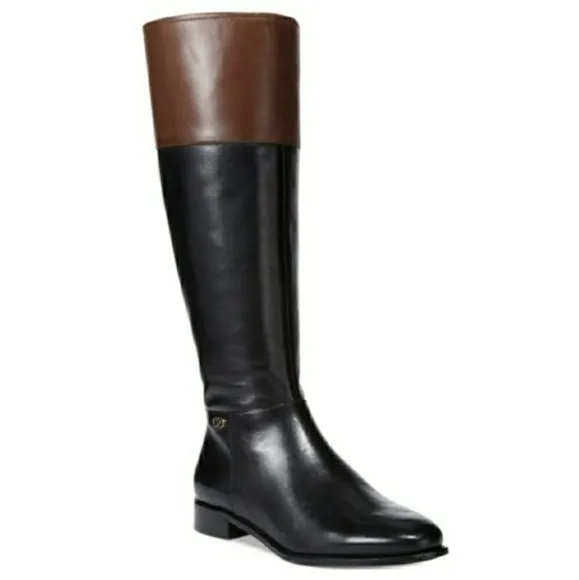 Cole Haan Primrose Riding Boots Two Tone Leather Black Brown Side Zip Preppy 6.5