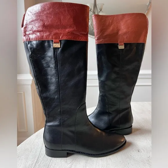Cole Haan Two-Tone Knee High Leather Riding Boots Women’s Size 7.5 Black / Brown