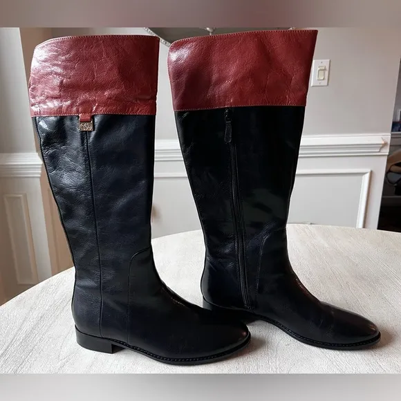 Cole Haan Two-Tone Knee High Leather Riding Boots Women’s Size 7.5 Black / Brown