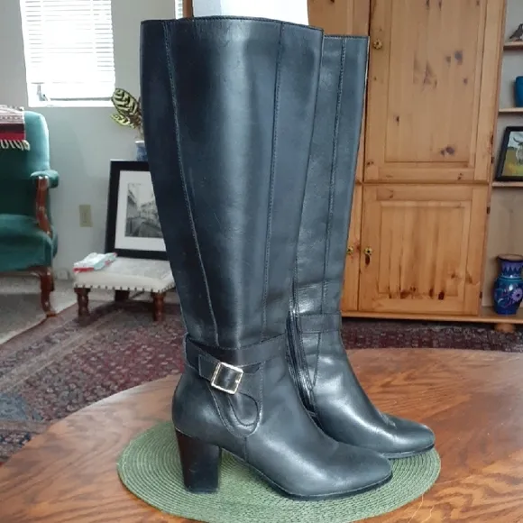 Cole Haan Waterproof Black Leather Knee-High Lined Heeled Boots  Size 7