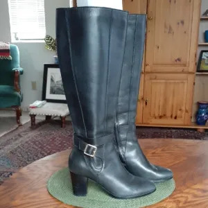 Cole Haan Waterproof Black Leather Knee-High Lined Heeled Boots  Size 7