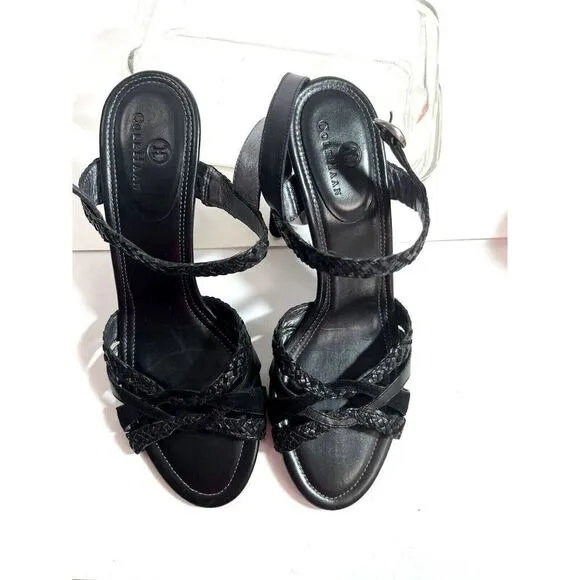 Cole Haan Womens Black Leather Sandals size 8 B US Woven Heels Ankle Strap