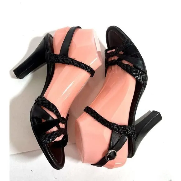 Cole Haan Womens Black Leather Sandals size 8 B US Woven Heels Ankle Strap