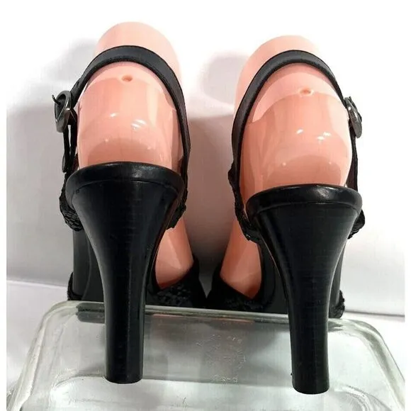 Cole Haan Womens Black Leather Sandals size 8 B US Woven Heels Ankle Strap