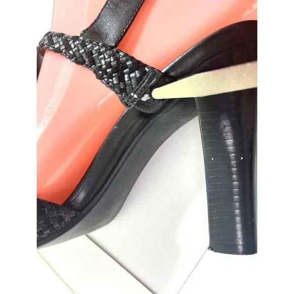 Cole Haan Womens Black Leather Sandals size 8 B US Woven Heels Ankle Strap