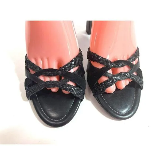 Cole Haan Womens Black Leather Sandals size 8 B US Woven Heels Ankle Strap