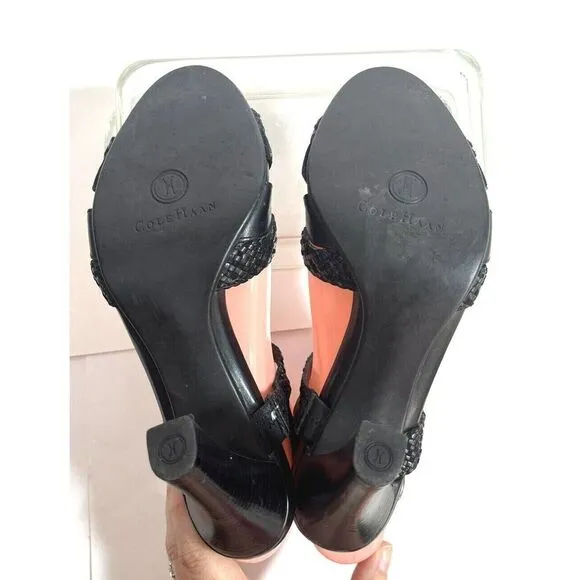 Cole Haan Womens Black Leather Sandals size 8 B US Woven Heels Ankle Strap
