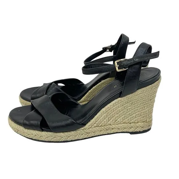 Cole Haan x Nike Air Women Sz 10 Black Leather Strappy Espadrille Wedge Sandals