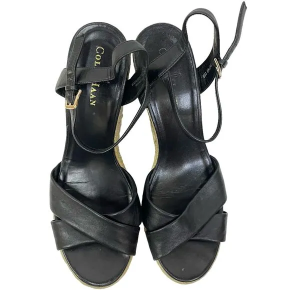 Cole Haan x Nike Air Women Sz 10 Black Leather Strappy Espadrille Wedge Sandals