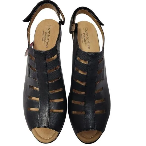 Comfortiva Sandals Womens Size 11 M Faye Pillowtop Black Leather Slingback Heel