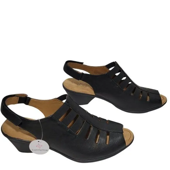 Comfortiva Sandals Womens Size 11 M Faye Pillowtop Black Leather Slingback Heel