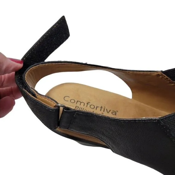 Comfortiva Sandals Womens Size 11 M Faye Pillowtop Black Leather Slingback Heel