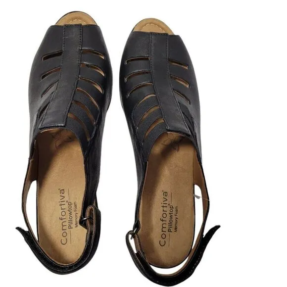 Comfortiva Sandals Womens Size 11 M Faye Pillowtop Black Leather Slingback Heel