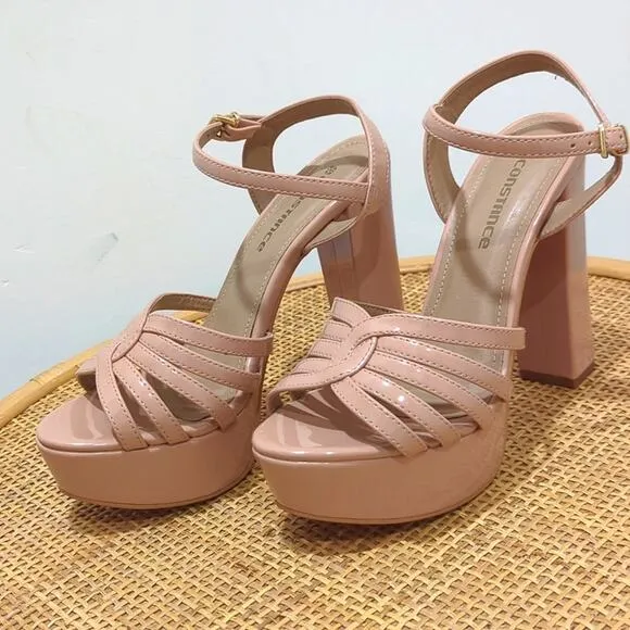 Constance Brazilian Platform Sandals Shiny Heels Lt Pink Beige Women's Size 7