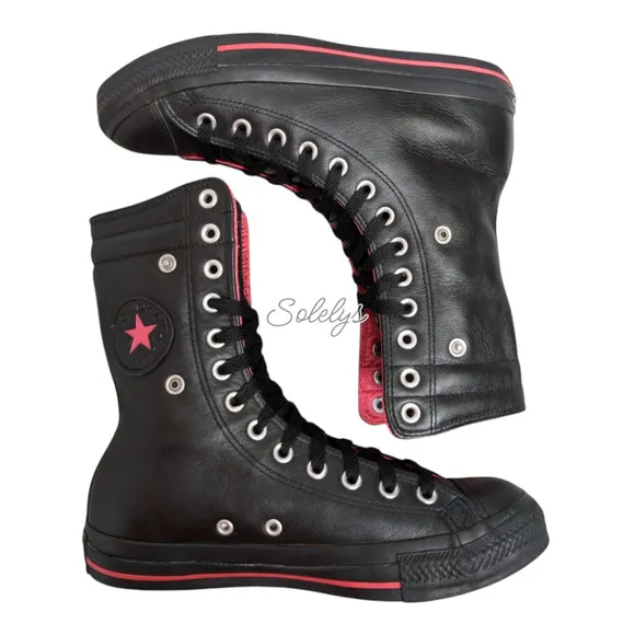 Converse 2010 RARE XHI 13 Eyelet Calf Hi Leather Foldover Black Pink Sneaker 8.5