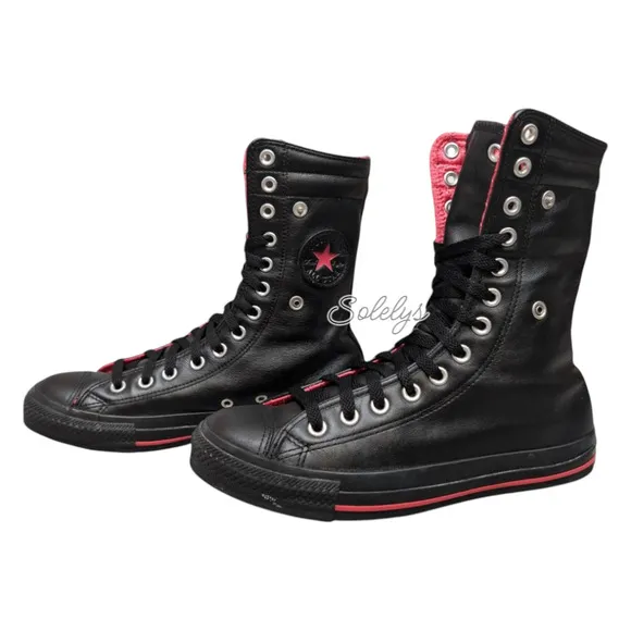 Converse 2010 RARE XHI 13 Eyelet Calf Hi Leather Foldover Black Pink Sneaker 8.5