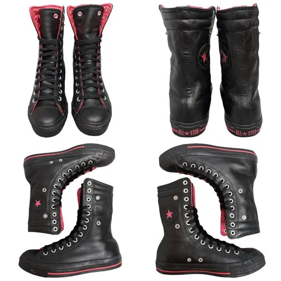 Converse 2010 RARE XHI 13 Eyelet Calf Hi Leather Foldover Black Pink Sneaker 8.5