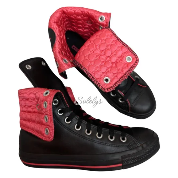 Converse 2010 RARE XHI 13 Eyelet Calf Hi Leather Foldover Black Pink Sneaker 8.5